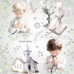 Clipart de Primera Comunión en Acuarela, Clipart de Primera Comunión en Acuarela para Niños, religión, floral, Biblia, Rosario, Cruz, Paloma