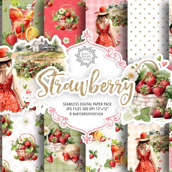 Strawberry digital paper pack, Strawberry pattern, red fruit digital, Flowers, red dress woman, strawberry basket, strawberry cocktail