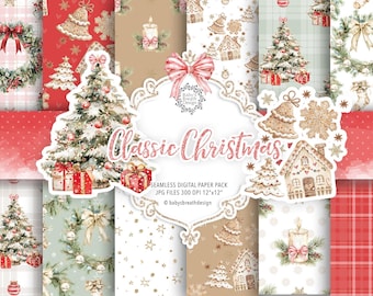 Peut inclure: Ensemble de motifs de papiers numériques sur le thème de Noël. Les motifs comprennent des arbres de Noël, des maisons en pain d'épices, des couronnes et des boîtes cadeaux. La palette de couleurs comprend le rouge, le vert et l'or. Le texte "Classic Christmas" est affiché.