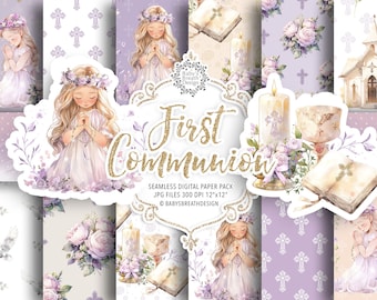May include: Digital paper pack with a purple and white floral design, a girl in a white dress praying, a candle, a chalice, a bible, and a church. The text "First Communion" is in gold glitter.