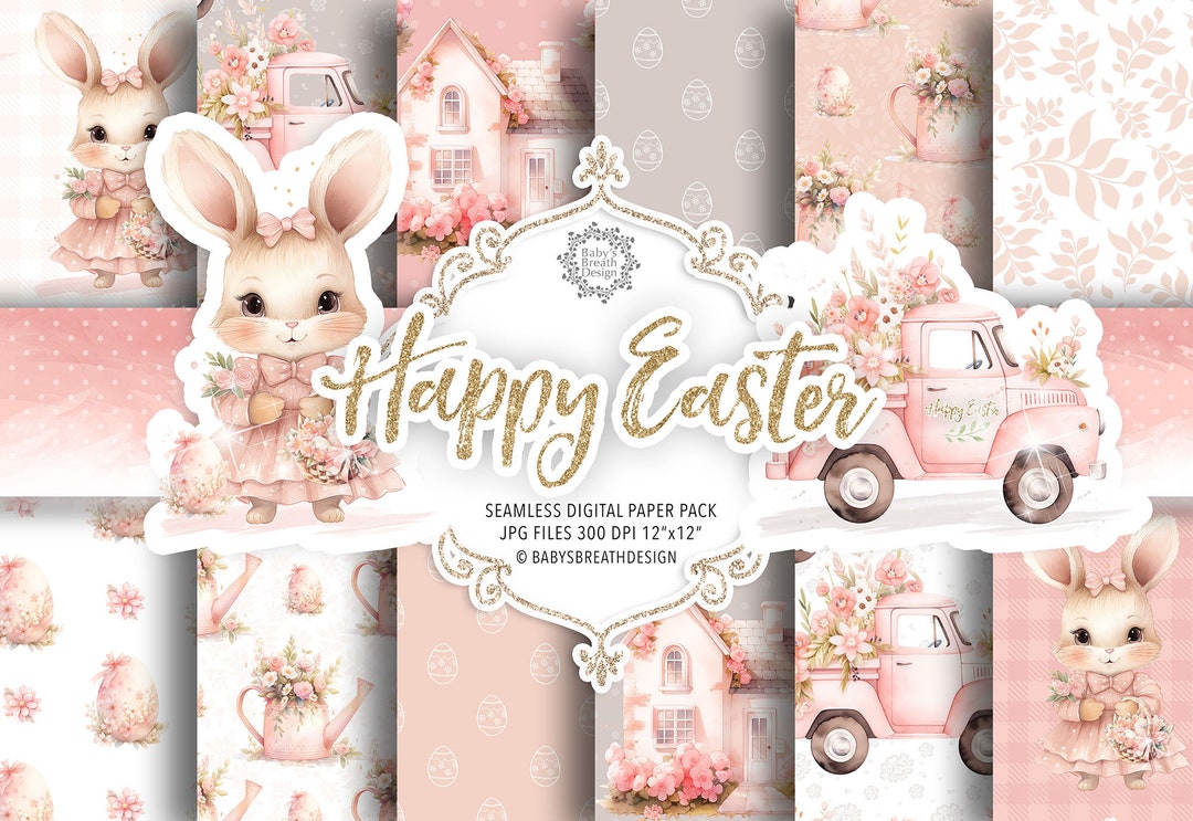 Watercolor Happy Easter Digital Paper Pack, Spring Pattern, Romantic ...