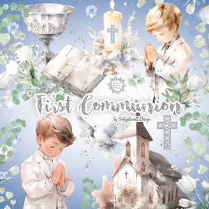 Clipart de Primera Comunión en Acuarela, Clipart de Primera Comunión en Acuarela para Niños, religión, floral, Biblia, Rosario, Cruz, Paloma