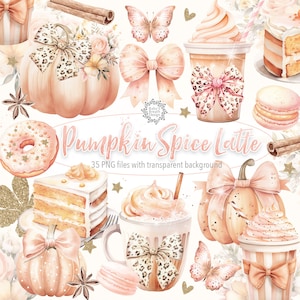 Puede incluir: Ilustraciones de acuarela de elementos temáticos de café con leche de calabaza. Incluye calabazas con lazos, tazas de café, donuts, rebanadas de pastel, mariposas y palitos de canela. Se muestra el texto "Pumpkin Spice Latte".