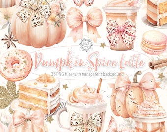 Może przedstawiać: Akwarelowe ilustracje przedmiotów o tematyce pumpkin spice latte. Zawiera dynie z kokardami, filiżanki do kawy, pączki, kawałki ciasta, motyle i laski cynamonu. Wyświetlany jest tekst "Pumpkin Spice Latte".