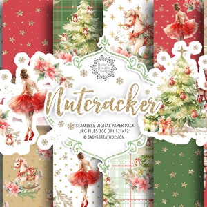 Pacote de papel digital de ouro de Natal quebra-nozes, clipart de Natal padrão de Natal, padrão de balé, padrão de férias, padrão de árvore de Natal