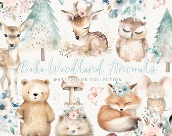 Boho Woodland Clipart, Cute Woodland Animals Clipart, Baby Animals, Woodland Baby Shower Clipart, Woodland Nursery, Boho Forest Animals