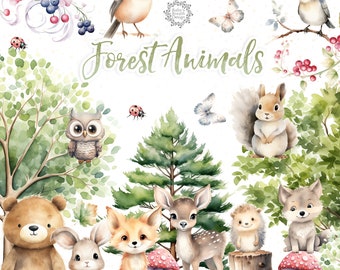 Imágenes prediseñadas de animales del bosque en acuarela, imágenes prediseñadas de animales del bosque, animales lindos del bosque, decoración para guardería, imágenes prediseñadas para baby shower con temática de bosque, oso, zorro, búho