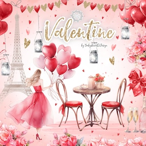 Diseño digital de San Valentín rojo acuarela, imágenes prediseñadas de San Valentín, imágenes prediseñadas románticas, feliz día de San Valentín, estado de ánimo de París, globo rosa, flor