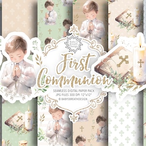 Aquarell Erstkommunion digitales Papier, Aquarell Erstkommunion für Jungen Muster, Religion, Blumen, Bibel, Rosenkranz, Kreuz, Taube