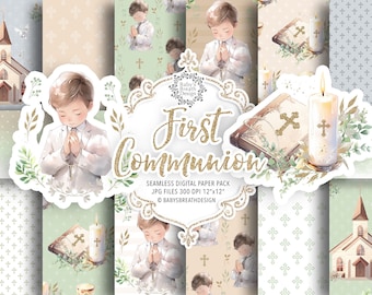 May include: Digital paper pack with a First Communion theme. The design includes illustrations of a boy in prayer, a church, a bible, and a lit candle. The words "First Communion" are in gold glitter.
