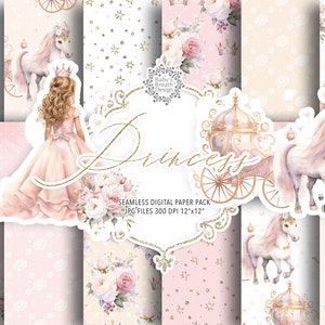 Kleine Prinzessin digitales Papier Pack Aquarell Prinzessin Papier Märchen-Muster Prinzessin und Schloss Rosa Prinzessin Kutsche Ritterschloss