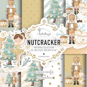Watercolor Nutcracker Gold digital paper pack, Xmas pattern, Christmas paper, holiday digital paper, christmas tree pattern