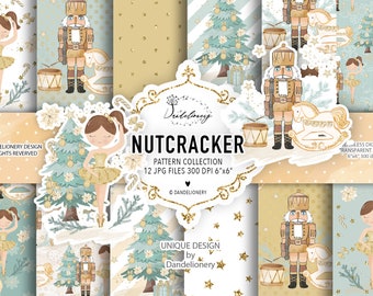 Watercolor Nutcracker Gold digital paper pack, Xmas pattern, Christmas paper, holiday digital paper, christmas tree pattern