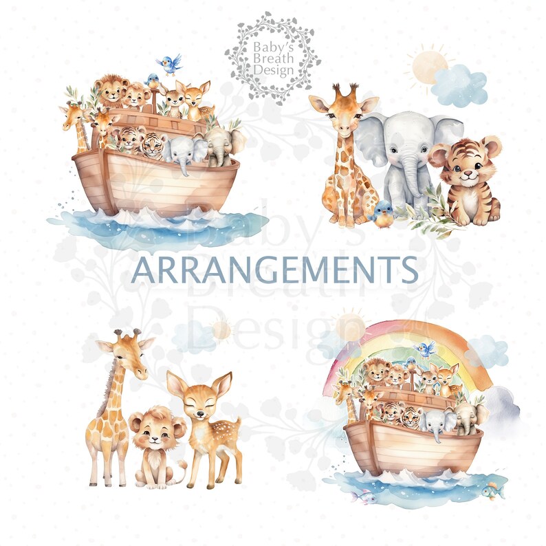 K&ouml;nnte beinhalten: Eine Aquarell-Illustration der Arche Noah mit verschiedenen Tieren, darunter eine Giraffe, ein L&ouml;we, ein Tiger, ein Reh und ein Elefant. Die Arche schwimmt auf blauem Wasser mit einem Regenbogen im Hintergrund.