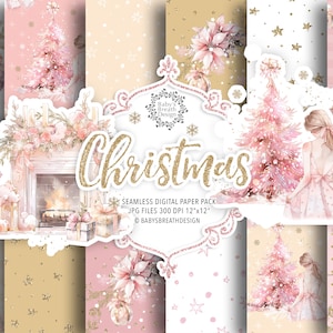 Pink Christmas digital papers, Xmas clipart, Cute Christmas pattern, holiday paper, xmas pattern, christmas tree digital