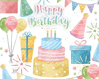 Watercolor Birthday Clipart, Party, kids birthday, printable digital clipart set, balloon clipart, birthday cake
