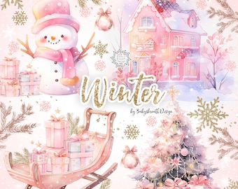 Pink Winter digital design, Xmas clipart, Cute Christmas clipart, holiday clipart,Santa Claus Clipart, christmas tree clipart