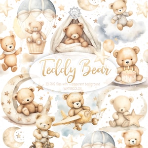 Beżowy Miś Clipart, Śpiące Misie, Mały Miś PNG, Uroczy Zestaw Akwarelowych Misiów, Chłopięcy Baby Shower Clipart, Urodziny Chłopca