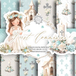 Confezione di carta digitale per la prima comunione dell'acquerello, prima comunione dell'acquerello per ragazze, religione, floreale, Bibbia, rosario, croce, colomba, modello