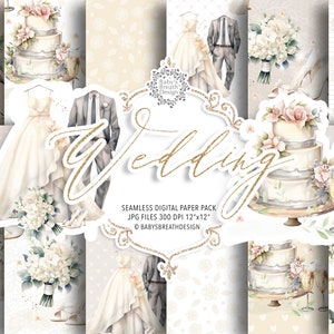 Pack de papier numérique aquarelle ivoire mariage, motif de mariage, papier romantique, motif nuptial, papier numérique de mariage, bouquet de mariage, fleur