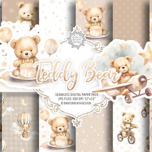 Beige Teddy Bear digital paper pack, Sleepy Teddy Bears, Baby Bear, Cute Watercolor Teddy Bear Bundle, Boy Baby Shower pattern, Boy Birthday