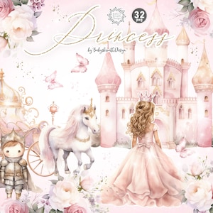Op de afbeelding: Een digitale illustratieset van 32 afbeeldingen met een prinsessen thema. De set bevat een roze kasteel, een eenhoorn, een koets, een prinses in een roze jurk en vlinders. De tekst "Princess" is geschreven in gouden glitterletters.