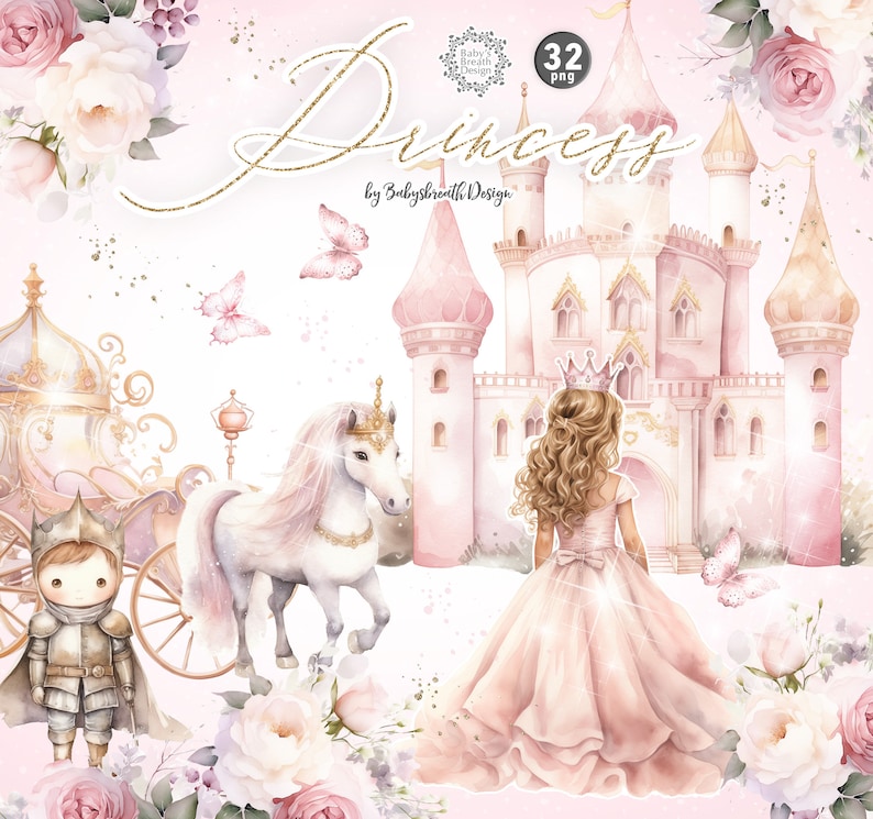 Op de afbeelding: Een digitale illustratieset van 32 afbeeldingen met een prinsessen thema. De set bevat een roze kasteel, een eenhoorn, een koets, een prinses in een roze jurk en vlinders. De tekst "Princess" is geschreven in gouden glitterletters.