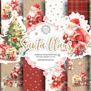 Watercolor red Santa Claus digital paper pack, Cute Christmas pattern, holiday paper, Santa Claus pattern, christmas tree paper
