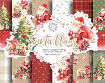Watercolor red Santa Claus digital paper pack, Cute Christmas pattern, holiday paper, Santa Claus pattern, christmas tree paper