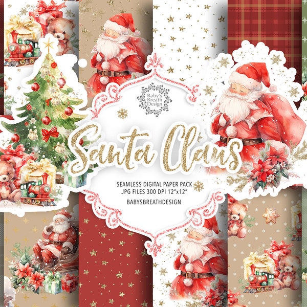 Watercolor red Santa Claus digital paper pack, Cute Christmas pattern, holiday paper, Santa Claus pattern, christmas tree paper