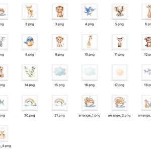 K&ouml;nnte beinhalten: Ein Set mit 24 Aquarell-Illustrationen mit verschiedenen Tieren, darunter eine Giraffe, ein L&ouml;we, ein Tiger, ein Reh, ein Elefant und ein Fisch sowie Regenb&ouml;gen, Wolken und eine Sonne. Die Illustrationen sind perfekt zum Erstellen von personalisierten Karten, Einladungen und anderen Bastelarbeiten.