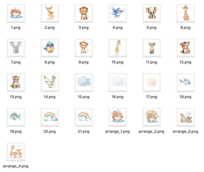K&ouml;nnte beinhalten: Ein Set mit 24 Aquarell-Illustrationen mit verschiedenen Tieren, darunter eine Giraffe, ein L&ouml;we, ein Tiger, ein Reh, ein Elefant und ein Fisch sowie Regenb&ouml;gen, Wolken und eine Sonne. Die Illustrationen sind perfekt zum Erstellen von personalisierten Karten, Einladungen und anderen Bastelarbeiten.