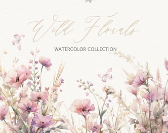 Wild Floral Clipart,  Floral Watercolor Borders, Premade Clipart, Wedding Clipart, Floral Borders, Watercolor Clipart, Wild Flowers Art