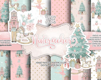 Nutcracker Christmas digital paper pack, Xmas pattern, Cute Christmas pattern, ballet paper, Holiday pattern, christmas tree paper