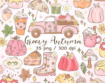 May include: A set of 35 digital illustrations featuring a groovy autumn theme. The illustrations include a pink pickup truck, a pumpkin, a mushroom, a hedgehog, a candle, a pie, a coffee cup, a rain boot, a cloud, a sunflower, a leaf, and an acorn. The illustrations are in a pink, yellow, and green color scheme.