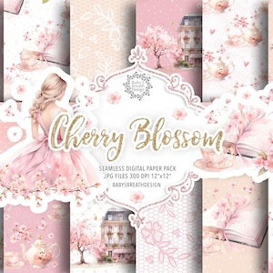 Pacote de papel digital Watercolor Cherry Blossom, padrão de primavera, papel romântico, flor de cerejeira, clima de Paris, flor rosa, flor