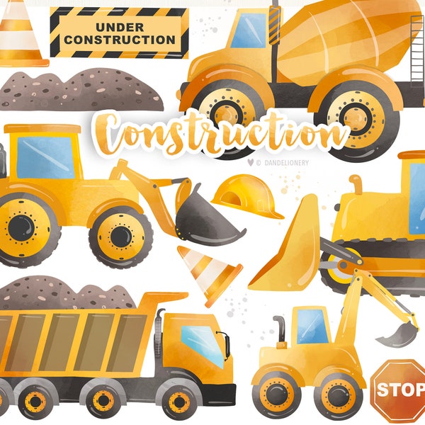 Watercolor Construction Clipart, Dump Truck, Bulldozer, Construction Vehicles, Excavator Cement Truck, Hazard Fence, Hard Hat, Traffic Cone,