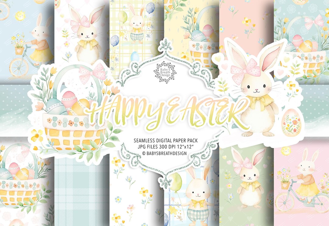 Watercolor Happy Easter Digital Paper Pack, Spring Pattern, Romantic ...
