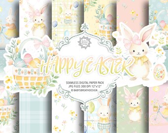 Watercolor Happy Easter digital paper pack, spring pattern, romantic pattern, easter eggs, easter bunny, pink flower, flower basket