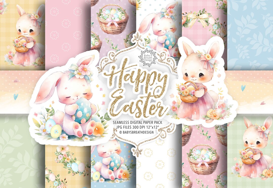 Watercolor Happy Easter Digital Paper Pack, Spring Pattern, Romantic ...