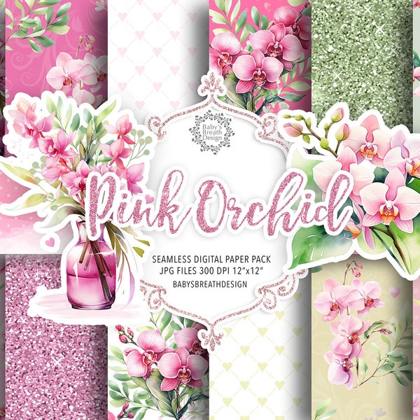 Watercolor pink orchid digital paper pack, spring pattern, romantic, orchid pattern, watercolor orchid, pink flower, flower, seamless