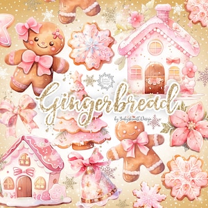 Könnte beinhalten: Aquarell-Illustration mit Lebkuchenkeksen und -häusern in Rosa- und Brauntönen. Das Bild zeigt Lebkuchenmännchen mit rosa Schleifen, Schneeflockenkekse und ein Lebkuchenhaus mit Schornstein. Das Wort "Gingerbread" ist in goldenem Glitzer geschrieben.