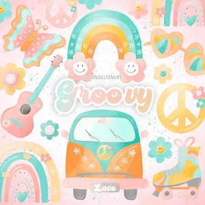 Acuarela Groovy, retro, arcoíris, clipart de arcoíris, coche hippie, hippie, flower power, clipart imprimible digital, mariposa