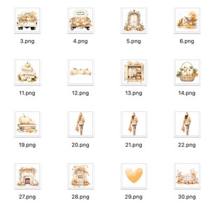May include: A collection of watercolor illustrations featuring autumnal themes. The images include pumpkins, wreaths, trucks, and figures, all in warm, earthy tones. The style is soft and inviting, perfect for fall-themed designs.