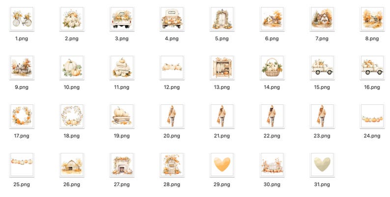 May include: A collection of watercolor illustrations featuring autumnal themes. The images include pumpkins, wreaths, trucks, and figures, all in warm, earthy tones. The style is soft and inviting, perfect for fall-themed designs.