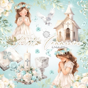 Aquarel eerste communie clipart, aquarel clipart eerste communie voor meisjes, religie, bloemen, bijbel, rozenkrans, kruis, duif