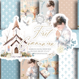 Paquete de papel digital Acuarela Primera Comunión, Patrón acuarela Primera Comunión para niños, religión, floral, Biblia, Rosario, Cruz, Paloma