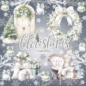 Antique White Christmas digital design, Xmas clipart, Christmas clipart, holiday clipart, christmas tree clipart, christmas wreath
