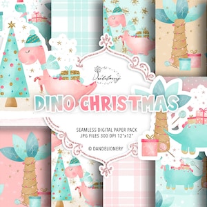 Dinosaur Christmas digital paper pack, dino holiday pattern, christmas tree, Christmas digital paper, Christmas pattern, pink Christmas