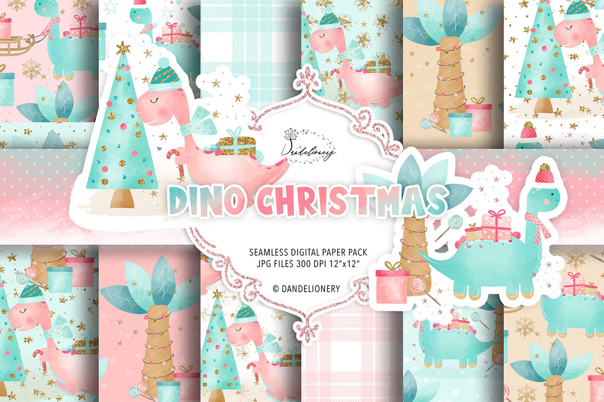 Dinosaur Christmas Digital Paper Pack, Dino Holiday Pattern, Christmas